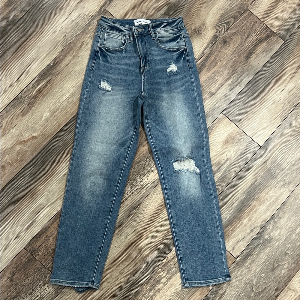 Risen Classic Blue Distressed Straight Leg Jeans ankle length
